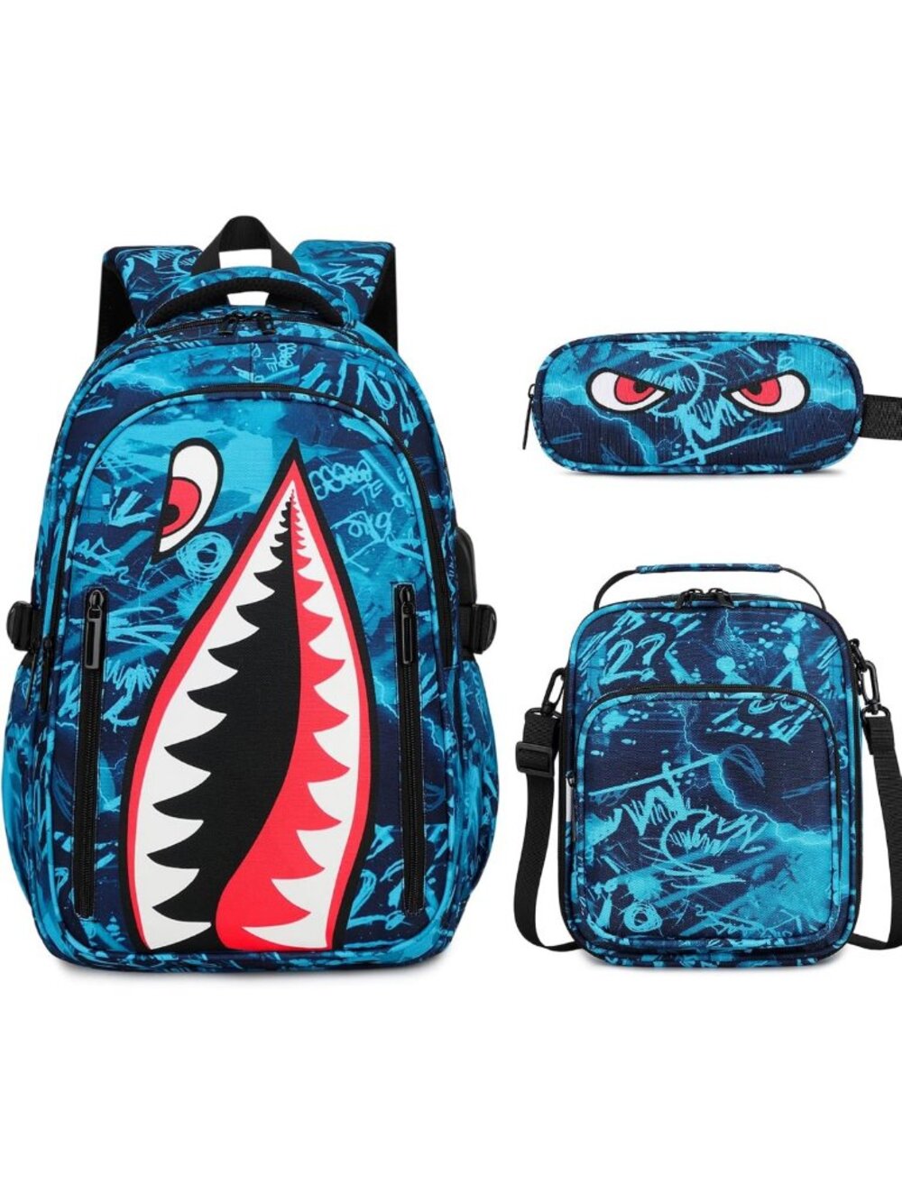 Cool Luminous Shark Backpack Set for Boys with Lunch Box - 3PCS Adventure Gear
